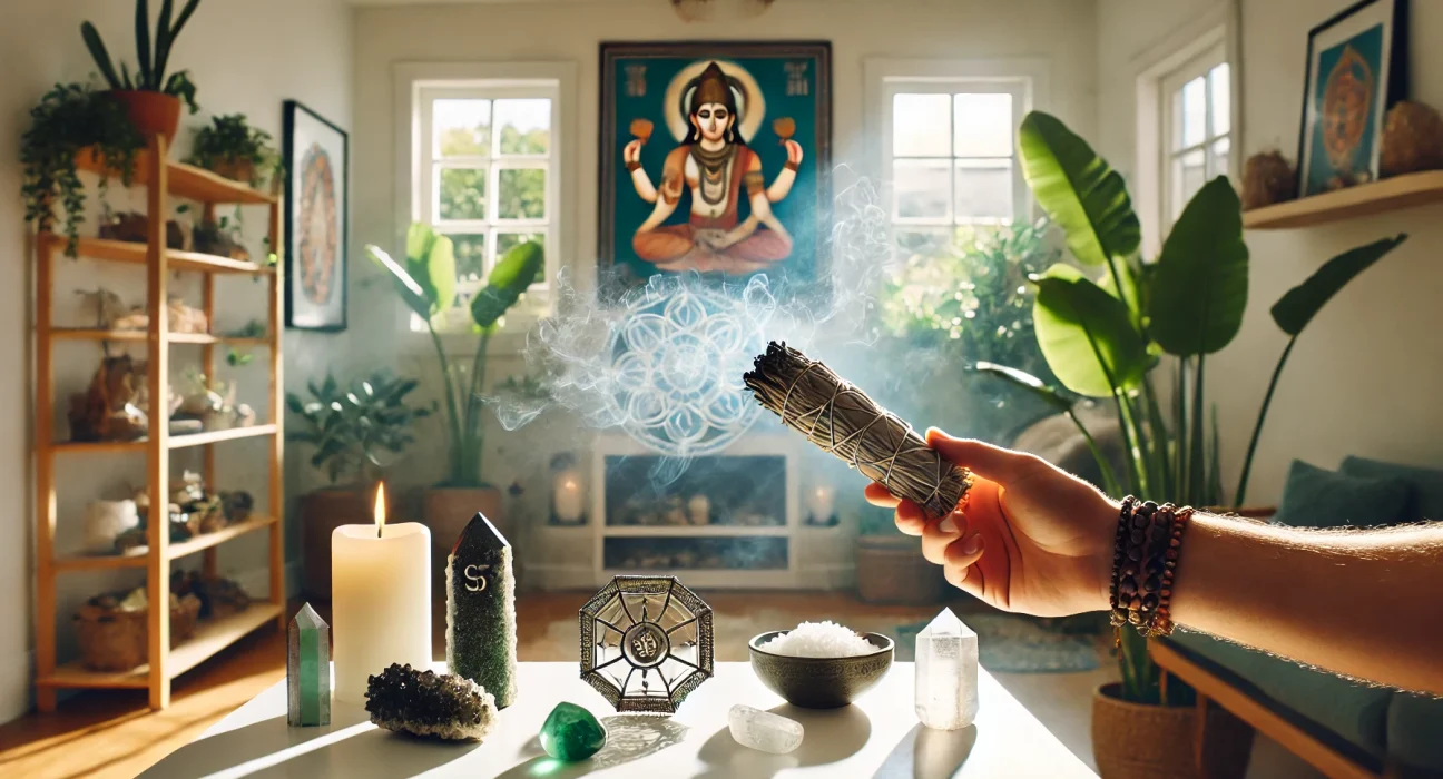 home cleansing ritual with spiritual elements like sage smoke, crystals, and a Hanuman Yantra