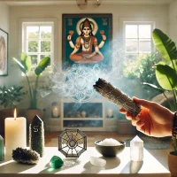 home cleansing ritual with spiritual elements like sage smoke, crystals, and a Hanuman Yantra