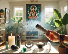 home cleansing ritual with spiritual elements like sage smoke, crystals, and a Hanuman Yantra