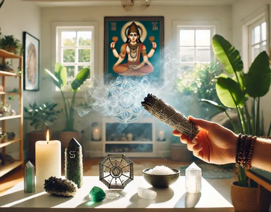 home cleansing ritual with spiritual elements like sage smoke, crystals, and a Hanuman Yantra