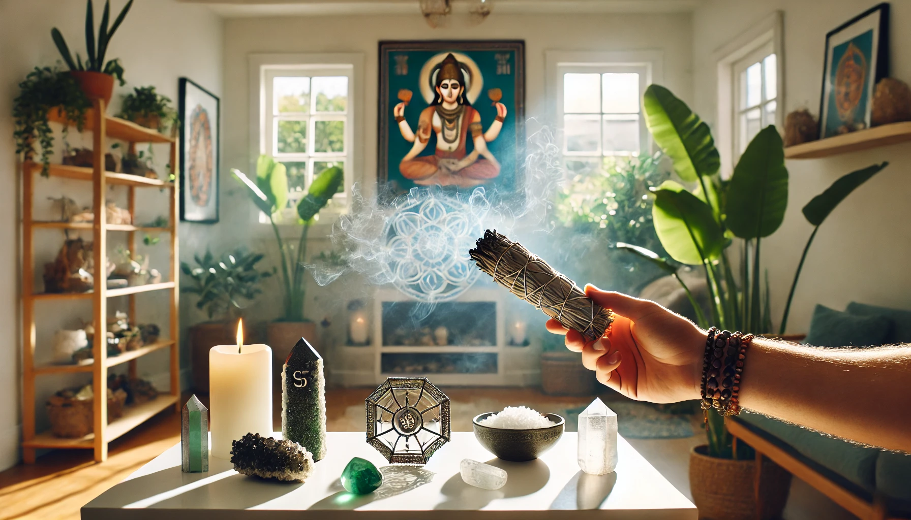 home cleansing ritual with spiritual elements like sage smoke, crystals, and a Hanuman Yantra