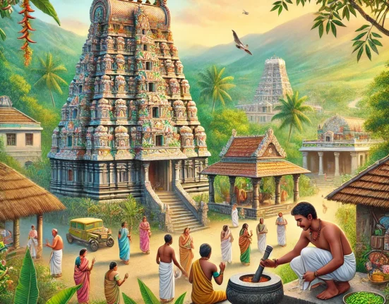 Masaniamman temple in Pollachi, surrounded by lush greenery and a vibrant village setting. The temple fea