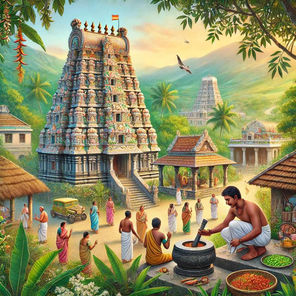 Masaniamman temple in Pollachi, surrounded by lush greenery and a vibrant village setting. The temple fea