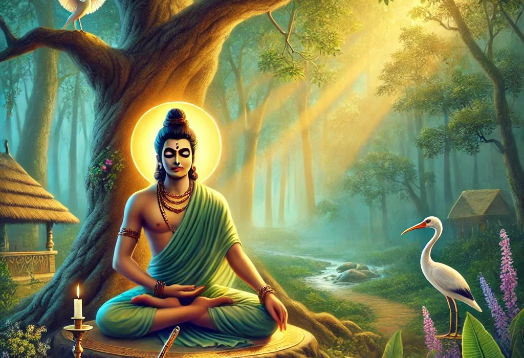 Siddha Konkanavar meditating under a tree, surrounded by the serenity of nature