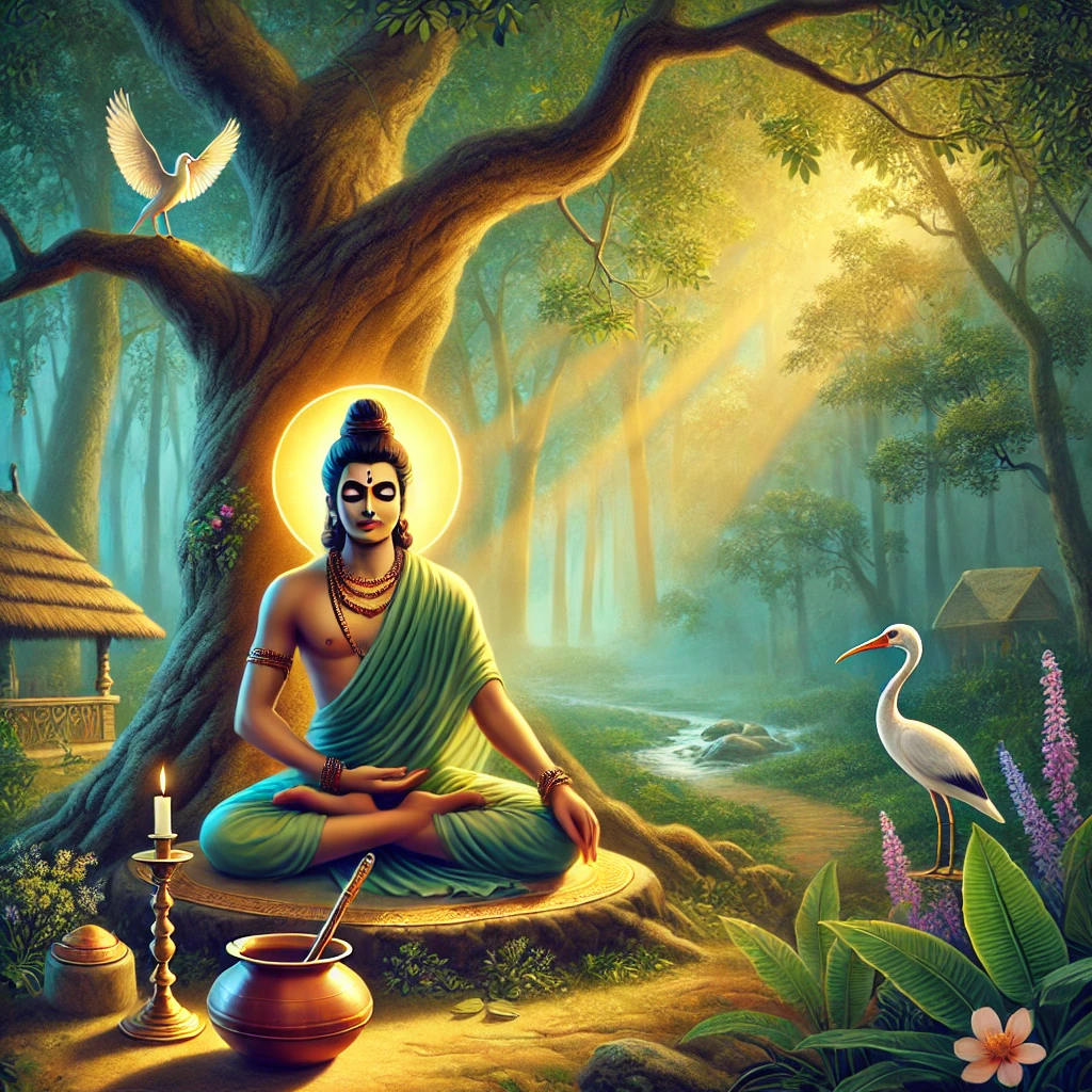 Siddha Konkanavar meditating under a tree, surrounded by the serenity of nature